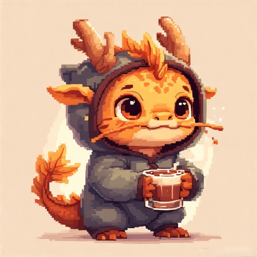 8-bit pixel art, cute Chinese dragon wearing a onesie with hot chocolate milk, warm color pallete, figurine, modern Disney style, octane render, chibi